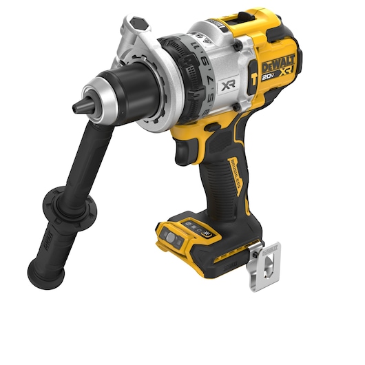 A DEWALT 20V XR cordless drill with a side handle and brushless motor, shown in yellow and black colors.