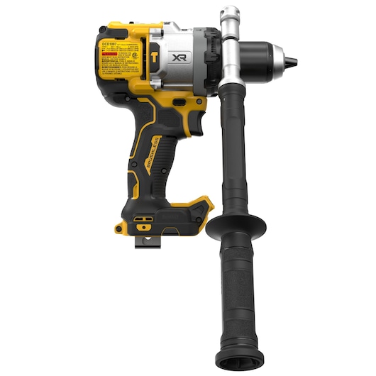 A DEWALT cordless brushless power drill, model DCD1007B, is shown in the image. It features a yellow and black body with a side handle for enhanced grip and control.
