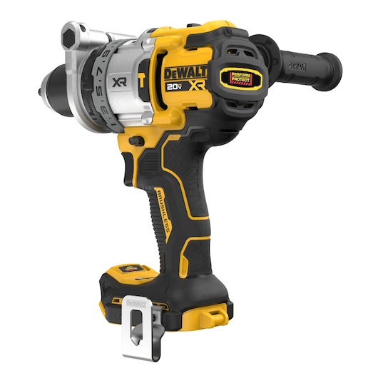 A yellow and black cordless power drill with a side handle and metal belt clip, branded DEWALT 20V XR, shown at an angle.