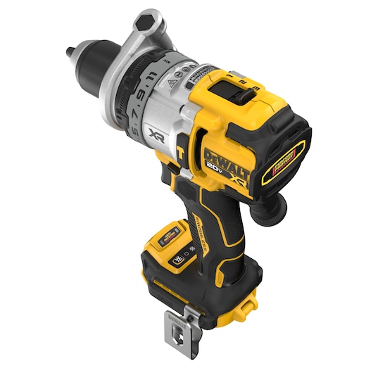 A DEWALT 20V XR cordless power drill with brushless motor, featuring a yellow and black design, a side handle, and various adjustable settings on the rotating collar.