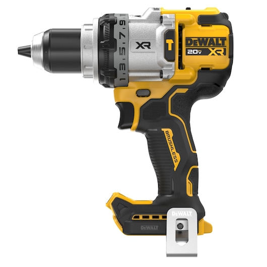 A DEWALT 20V XR cordless drill with a brushless motor, shown in yellow and black. The tool has a metal chuck and a grip handle, with visible XR and DEWALT branding.