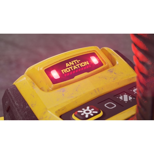 Close-up of a yellow DEWALT power tool control panel showing an illuminated red 'ANTI-ROTATION' indicator light and nearby buttons.