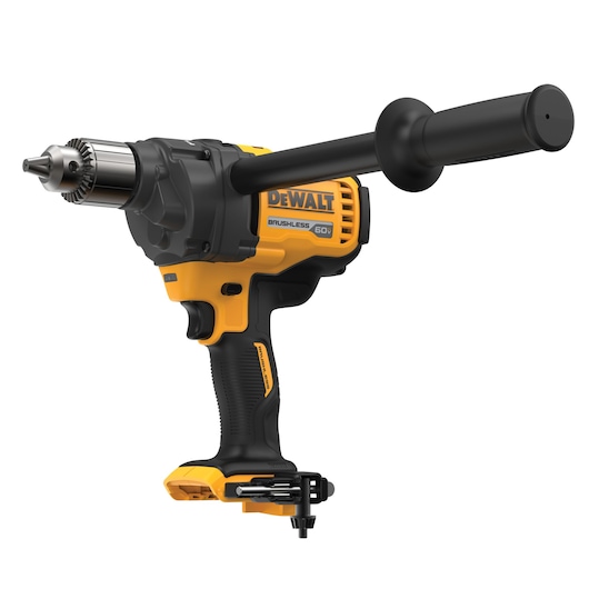 A DEWALT cordless drill with a side handle and brushless motor, model DCD130B, in yellow and black colors.
