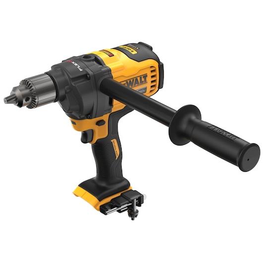 A DEWALT cordless power drill, model DCD130B, with a side handle for enhanced control, in black and yellow color.