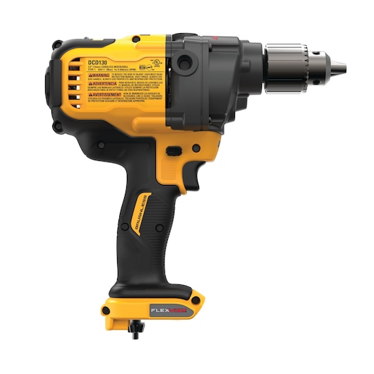 A yellow and black DEWALT cordless drill, model DCD130B, with a side handle mount and a keyless chuck. The tool features a FLEXVOLT and brushless motor label and visible safety warnings on the side.