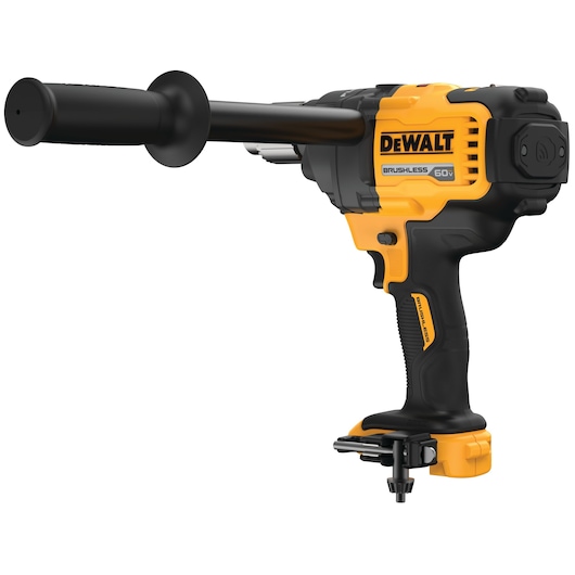 A DEWALT 60V brushless power tool, shown with a side handle and black and yellow body. The model is DCD130B, designed for heavy-duty drilling tasks.