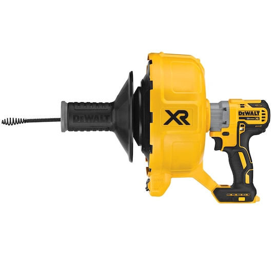 A DEWALT DCD200B 20V Max XR cordless drain snake machine, shown in yellow and black, used for clearing clogged drains. The product has a handheld design with a rubberized grip and a visible coiled snake extending from the front.