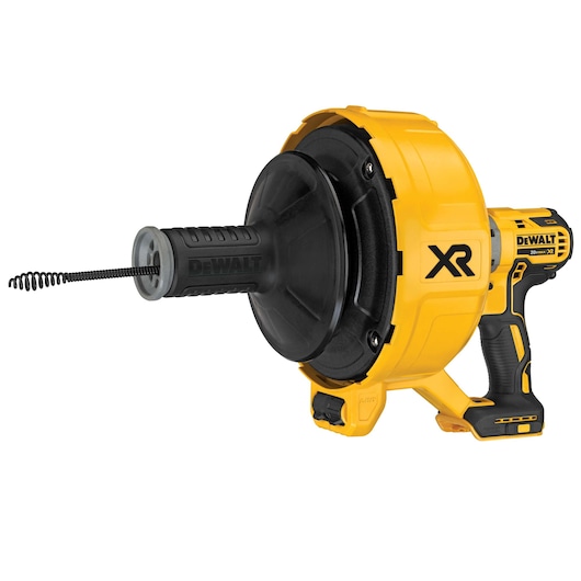 DEWALT cordless drain snake with a yellow and black body, featuring a coiled auger for clearing drains.