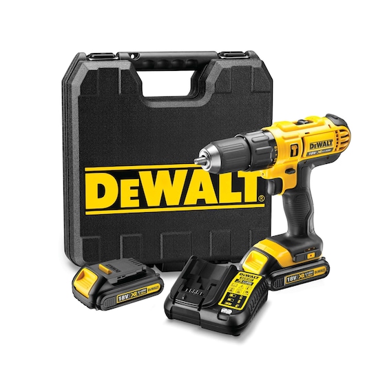 A DEWALT cordless drill kit including a yellow and black drill, two 20V lithium-ion batteries, a charger, and a sturdy carrying case with the DEWALT logo.