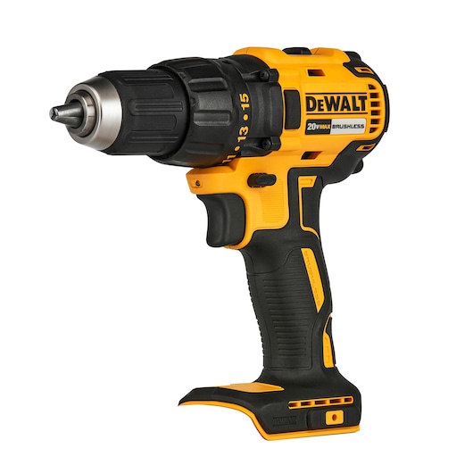 A yellow and black DEWALT cordless drill with a brushless motor, shown from the side on a white background.