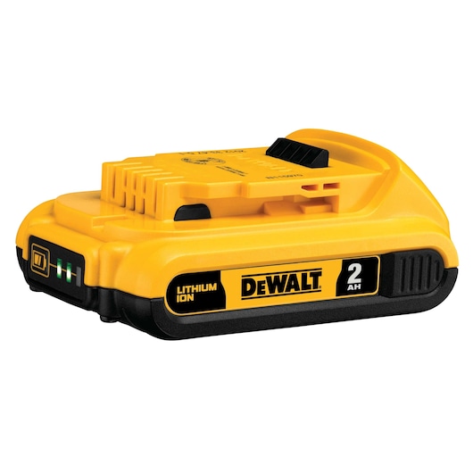 A DEWALT 2Ah lithium ion battery pack, yellow and black in color, designed for power tools. The battery features indicator lights on one end.