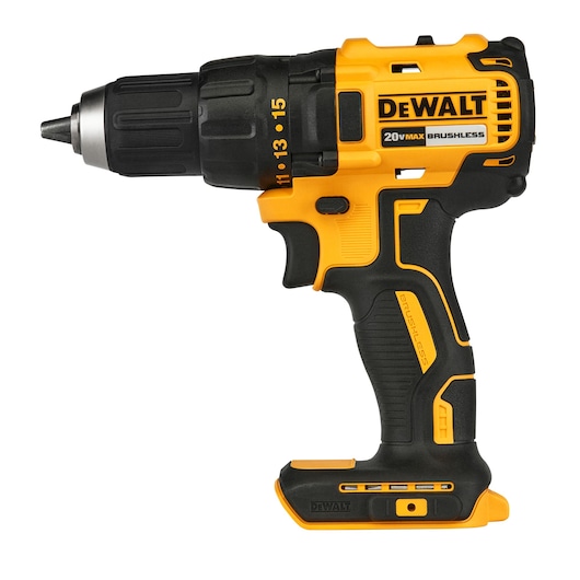 A DEWALT cordless drill with a brushless motor, featuring yellow and black colors and a 20V MAX label.