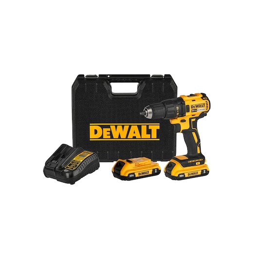 A DEWALT cordless drill kit including a yellow and black drill, two batteries, a charger, and a black carrying case with the DEWALT logo.