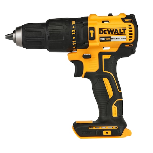 Cordless yellow and black DEWALT 20V MAX brushless power drill with ergonomic grip and adjustment settings visible on the chuck.