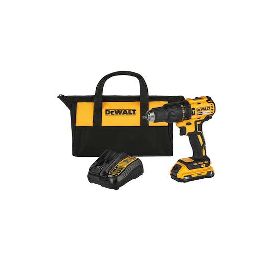 A DEWALT cordless drill set, including a yellow and black drill, a matching carrying bag, and a battery charger.