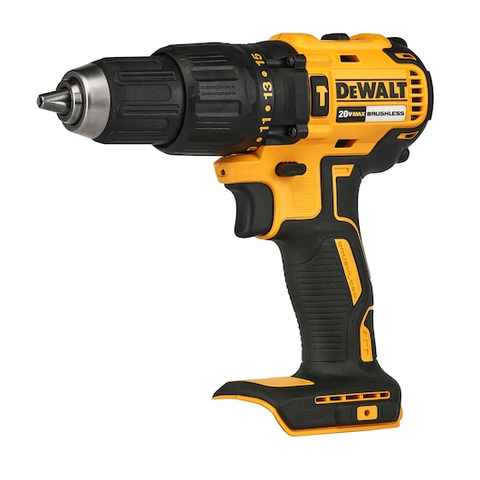 A yellow and black DEWALT cordless power drill with a brushless motor, featuring a 20V max labeling on its side.