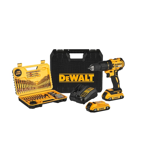 A DEWALT cordless drill kit that includes a yellow and black drill, two 20V lithium batteries, a charger, a black carrying case with DEWALT logo, and an open yellow case showing a 100-piece drill and screwdriver bit set.