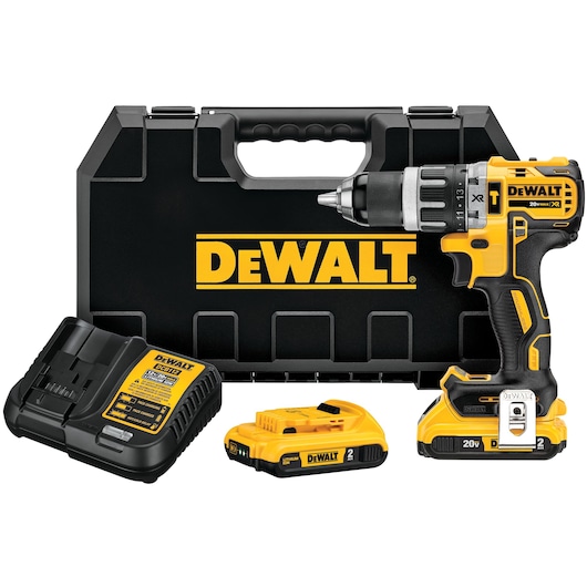 DEWALT cordless drill set including a yellow and black drill, two lithium-ion batteries, a battery charger, and a black carrying case with the DEWALT logo.