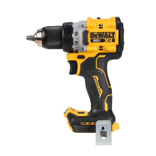 A DEWALT 20V XR cordless drill with a yellow and black body and brushless motor, shown in a side view. The tool features a metal clip at the base and ergonomic grip design.