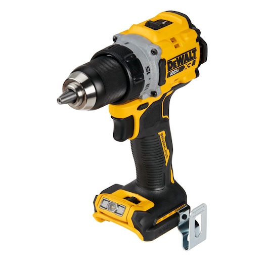 A DEWALT 20V XR cordless drill with a black and yellow design, featuring a metal chuck and side belt clip.