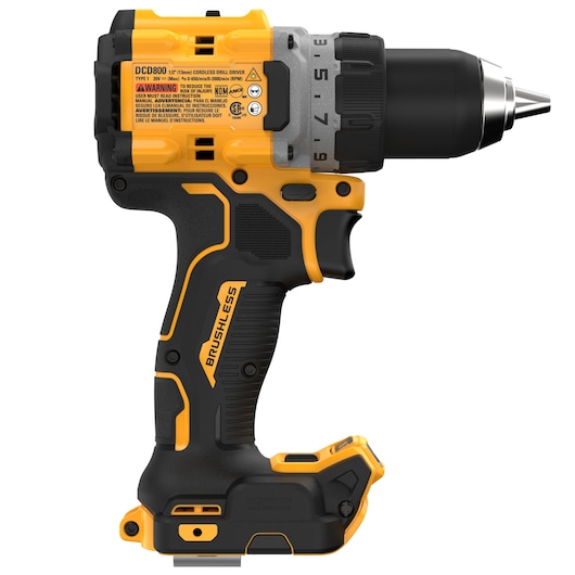 A DEWALT DCD800B cordless drill driver, featuring a black and yellow design with visible labeling, ergonomic grip, and brushless motor indication.