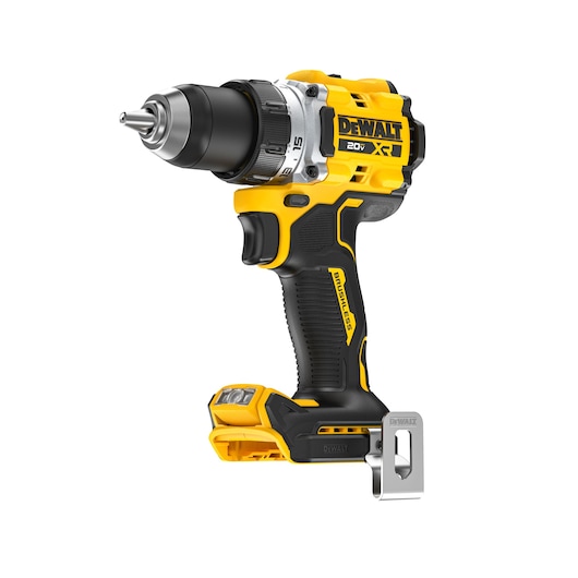 A DEWALT 20V XR cordless drill with a brushless motor. The drill is yellow and black, with a metal belt clip attached at the base of the handle.