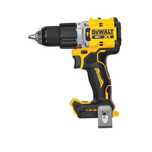A cordless DEWALT 20V XR brushless power drill with a black and yellow design, featuring a metal belt clip and ergonomic handle, displayed against a white background.