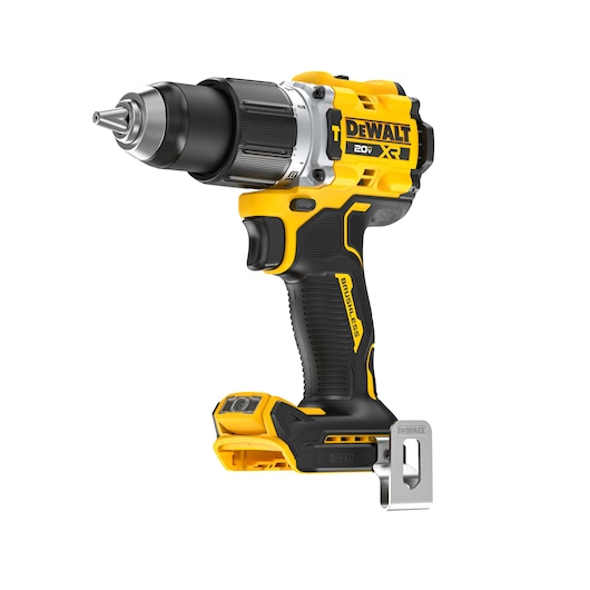A DEWALT 20V XR cordless drill driver with a black and yellow design, featuring a brushless motor and a metal belt clip, shown on a white background.