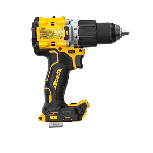 A DEWALT cordless brushless hammer drill with yellow and black design, model DCD806B. The drill features a textured grip handle and visible adjustment settings near the chuck.