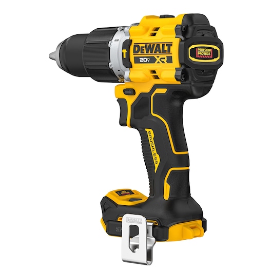 A DEWALT 20V XR cordless, brushless drill driver with a yellow and black body and a metal belt clip attached to the base.