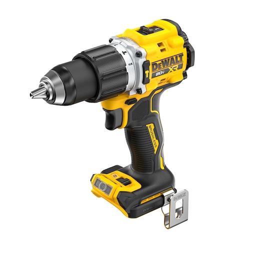 A DEWALT 20V cordless power drill with a yellow and black design, featuring a brushless motor and a metal belt hook.