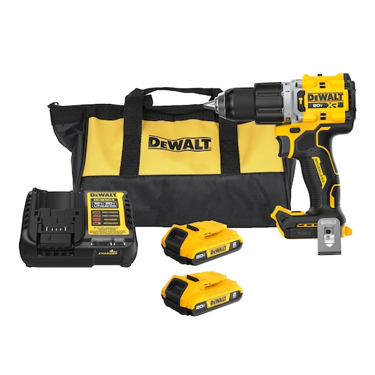 DEWALT 20V cordless drill kit, including a drill, two battery packs, a charger, and a black and yellow carrying bag with DEWALT branding.