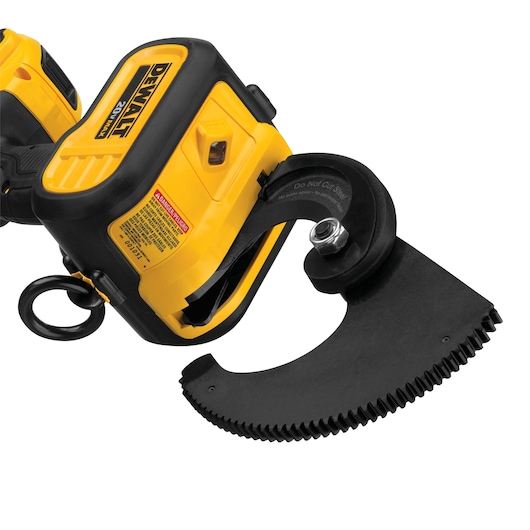 Close-up of a DEWALT 20V MAX cordless cable cutter tool with a yellow and black body and a metal cutting jaw.