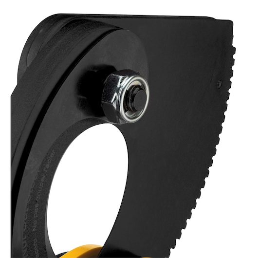 Close-up view of a DEWALT power tool part showing a serrated cutting blade attached with a metal bolt.