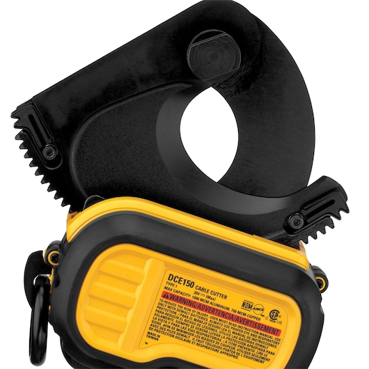 Close-up of a DEWALT DCE150D1 cable cutter, showing the blade mechanism and yellow-black body with label indicating specifications and warnings.