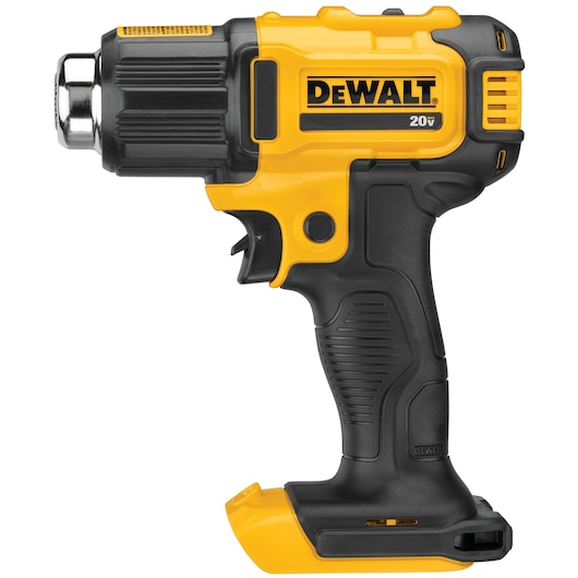 A DEWALT 20V cordless heat gun with a black and yellow body, pistol grip handle, and trigger switch. The battery is not attached.