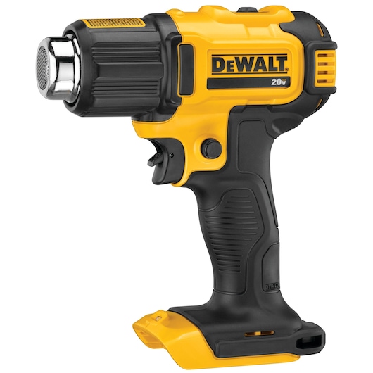 A DEWALT 20V cordless heat gun, shown in yellow and black colors, with a pistol grip handle. It is battery operated and does not have a battery installed in this image.