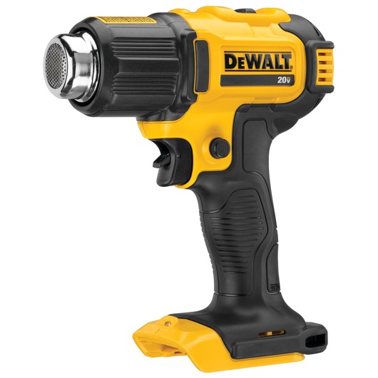A DEWALT 20V cordless heat gun with a yellow and black body, featuring a trigger and ergonomic grip.
