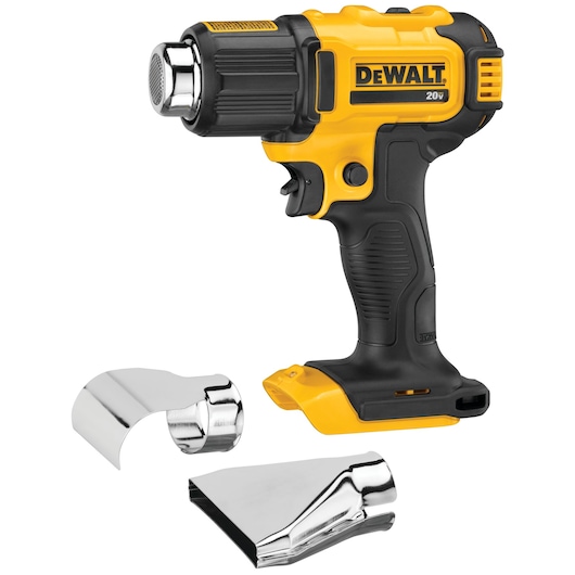 A cordless yellow and black DEWALT heat gun with two silver nozzle attachments placed in front of it.