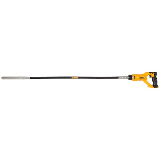 A DEWALT cordless concrete vibrator tool featuring a yellow and black handle with a long flexible shaft and metal tip, shown against a white background.