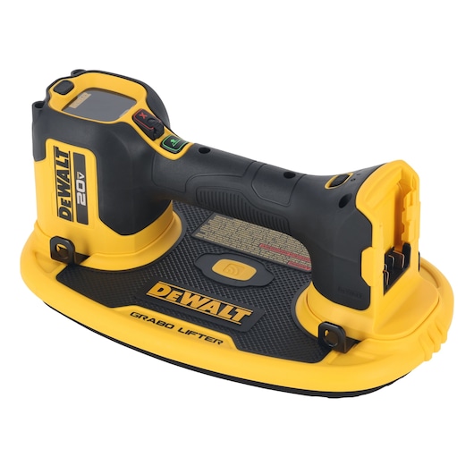 A DEWALT-branded 20V cordless Grabo lifter tool, primarily black and yellow, used for lifting materials with suction. The device features a handle with control buttons and a base designed for gripping flat surfaces.