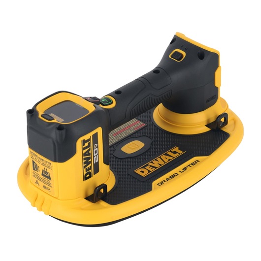 A DEWALT 20V Grabo Lifter, a handheld battery-powered tool with a yellow and black design, used for lifting and moving heavy materials by creating a suction grip.