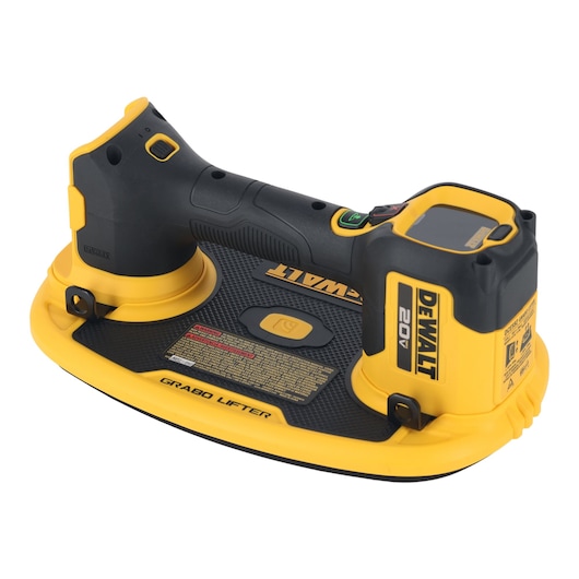 A DEWALT branded Grabo Lifter tool, shown in a three-quarter view. The device is primarily yellow and black, featuring a handle, control buttons, and a battery pack labeled '20V'. It appears designed for lifting or handling heavy materials.