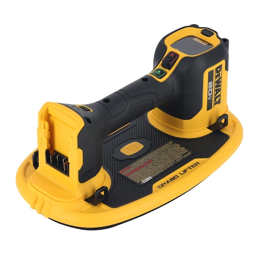 A DEWALT 20V GRABO Lifter, a handheld electric vacuum lifter designed for lifting heavy objects with a large yellow and black handle and a flat suction base.