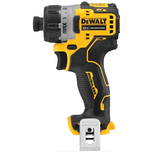 A DEWALT 12V brushless cordless electric screwdriver with a compact design, featuring a black and yellow body and a metal belt clip.