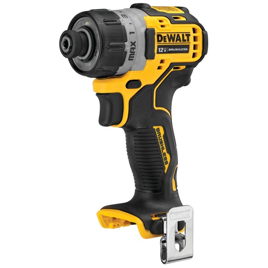 Cordless DEWALT 12V brushless drill driver with a black and yellow body, ergonomic grip, and metal belt clip.