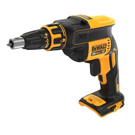 A DEWALT 20V MAX XR cordless screw gun is shown in black and yellow, designed for driving screws, with a brushless motor and ergonomic handle. The battery is not attached.