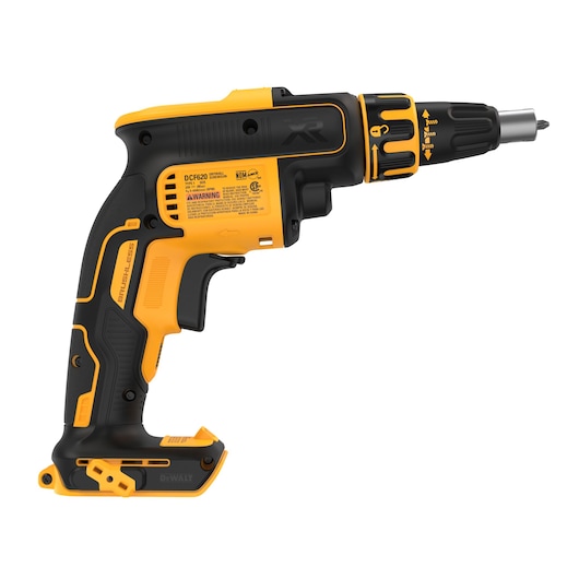 A DEWALT cordless screw gun with a black and yellow design, shown in a side profile on a white background. The tool has a pistol-grip handle and adjustable settings near the tip.