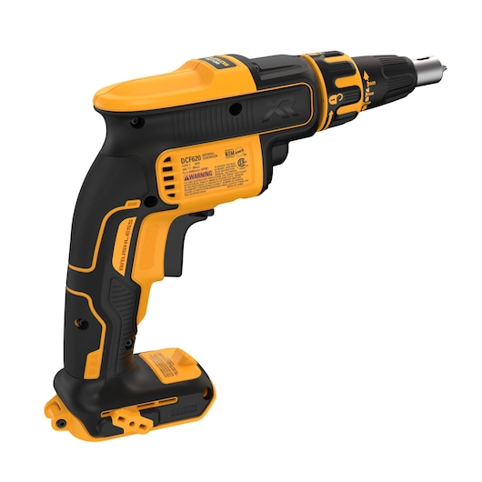 A DEWALT cordless drywall screwdriver, model DCF620B, shown at a three-quarter angle. The tool is mainly yellow and black with visible branding and a detailed instruction label on the side.