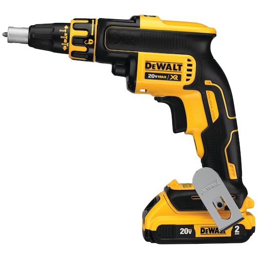 A DEWALT 20V cordless screwdriver with a brushless motor, shown in yellow and black color, featuring a clip on the base and ergonomic grip.